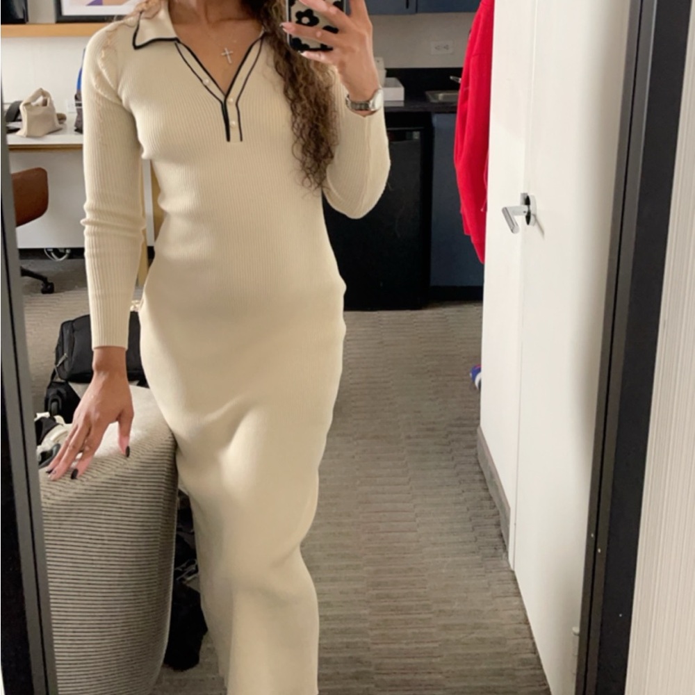 SHEIN Cream Ribbed Polo Collar Sheath Dress